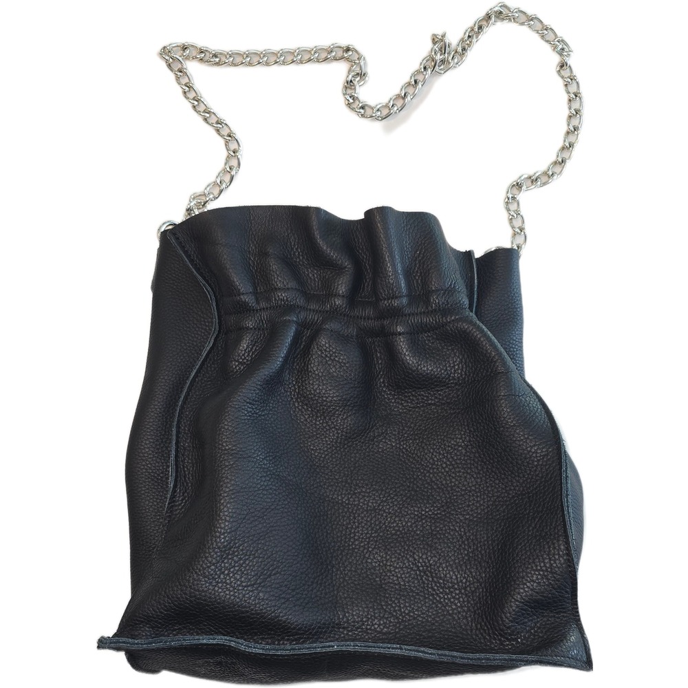 Falor Black Pebbled Leather Bucket Bag Silver Chain Strap Magnetic Closure